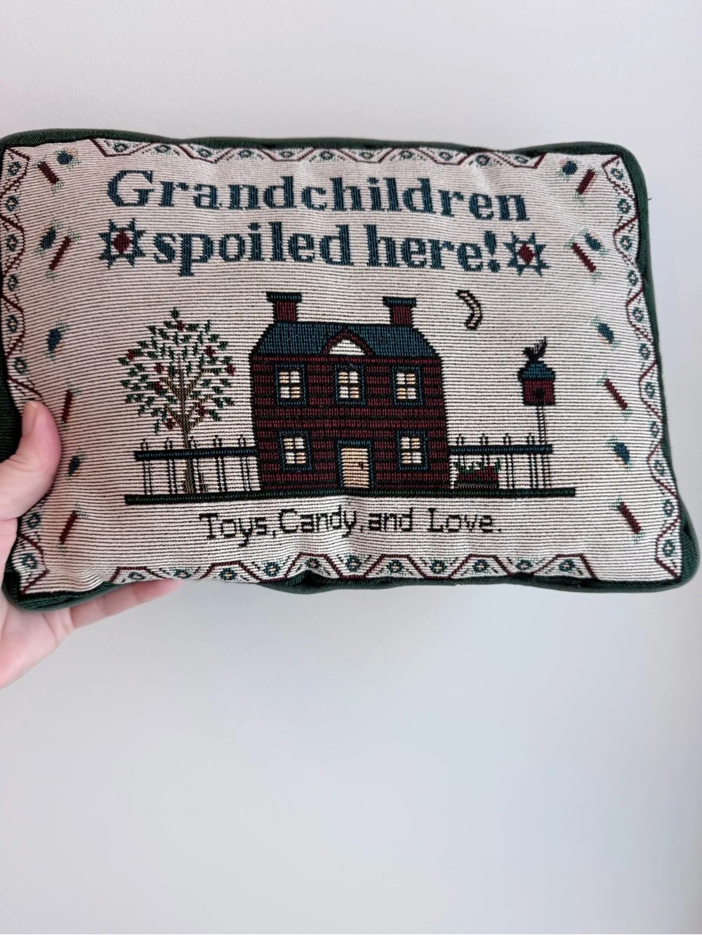 Grandchildren Spoiled Here! Holiday Accent Pillow - Green and Cream